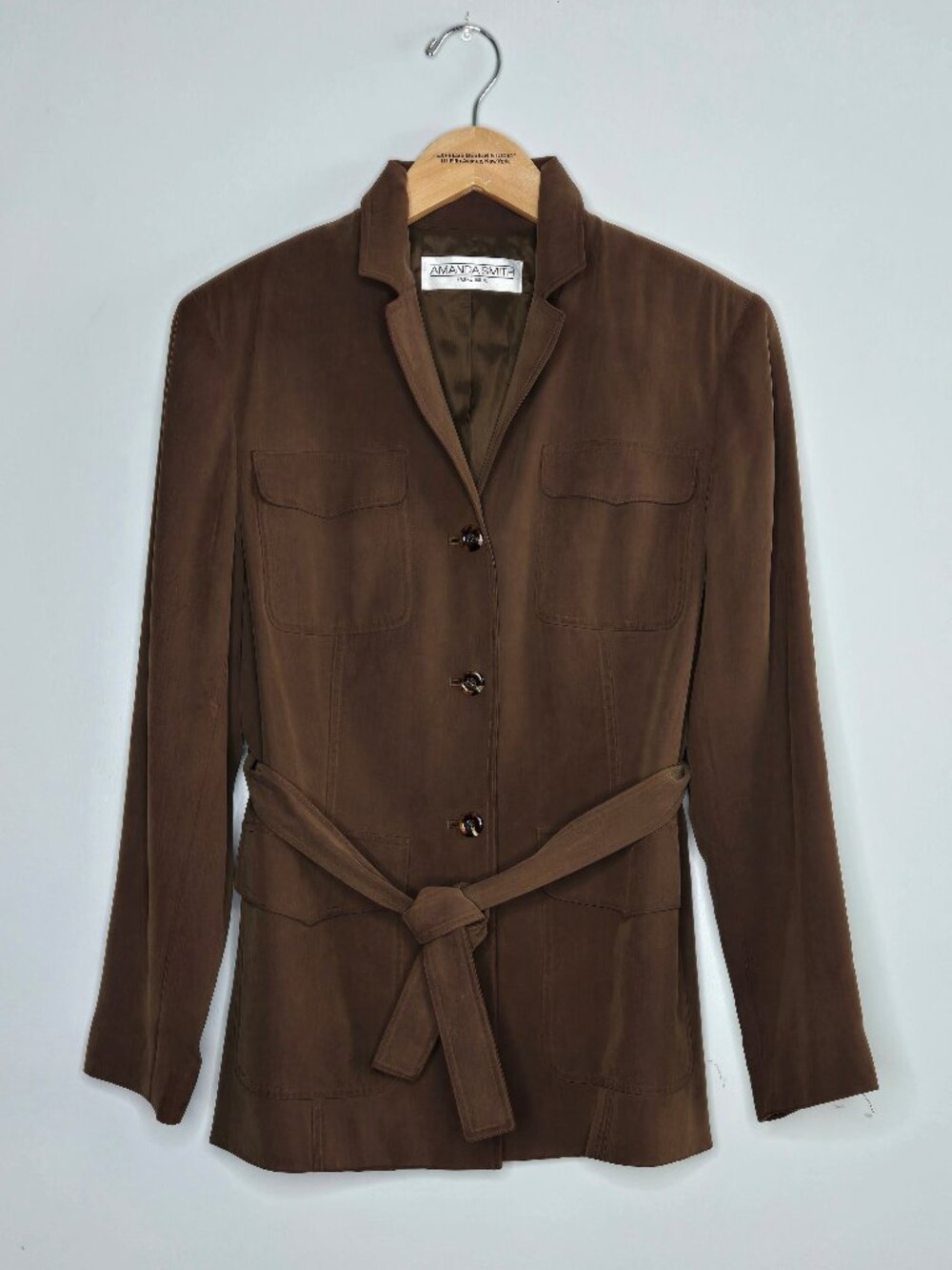 Amanda Smith Pure Silk Belted Safari Styled Jacket Brown Size 10 Vintage